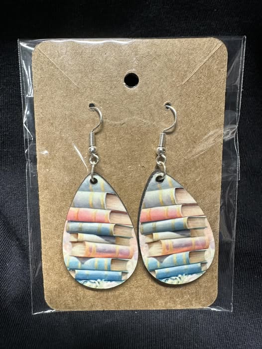 Stacked Books Sublimated Teardrop Earrings
