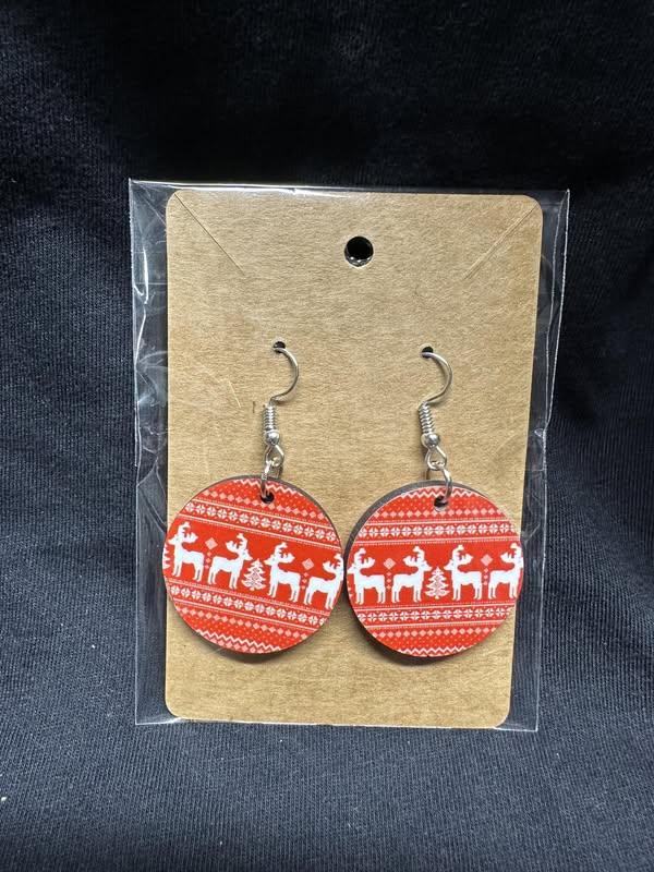 Red Reindeer Christmas Pattern Sublimated Round Earrings
