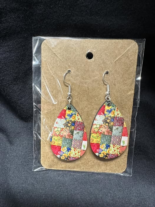 Patchwork Quilt Sublimated Teardrop Earrings