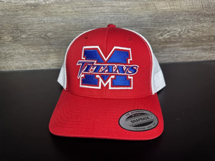 Mercer Titans Embroidered Yupoong Snapback Trucker Hat – Red & White