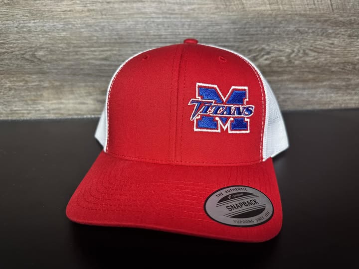Mercer Titans Side Embroidered Yupoong Snapback Trucker Hat – Red & White