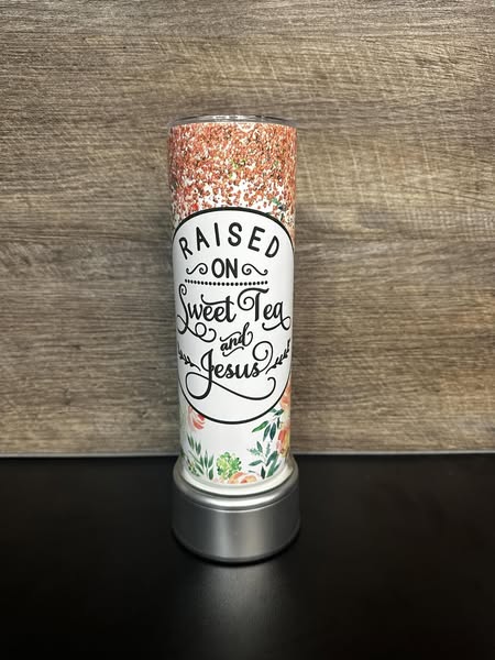"Raised on Sweet Tea & Jesus" Glitter Floral Sublimation Tumbler