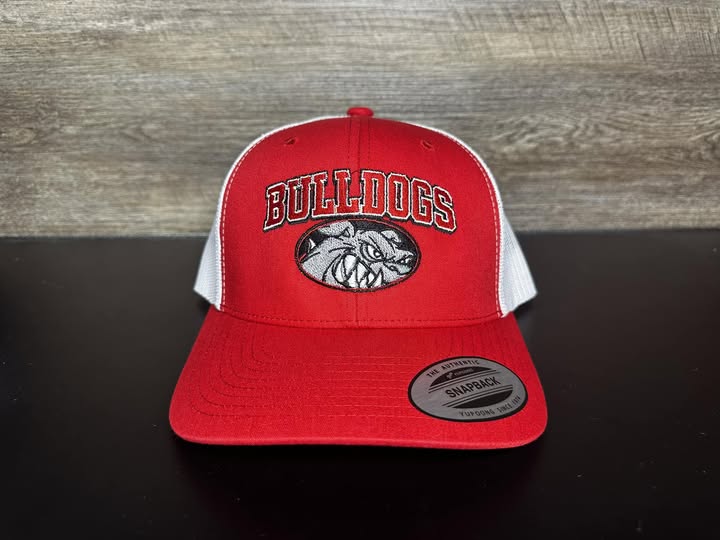Bulldogs Embroidered Snapback Yupoong Trucker Hat – Red & White