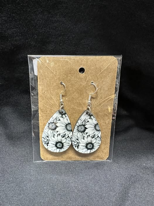 Black and White Sunflower Teardrop Earrings