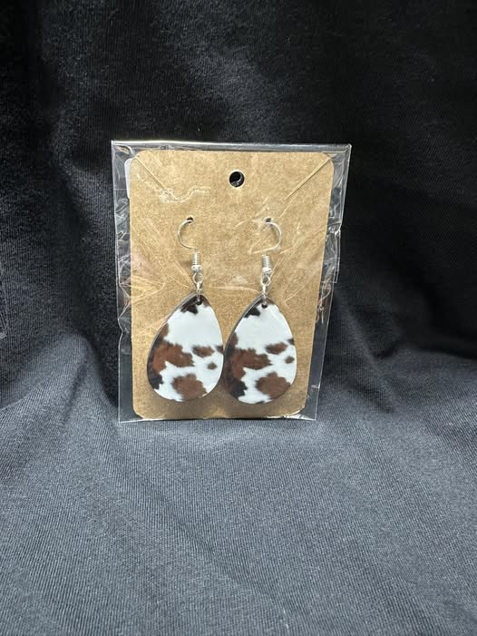 Cow Print Teardrop Earrings – Brown & White