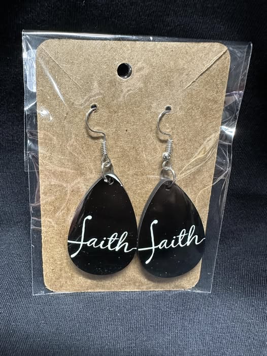 Faith Script Sublimated Teardrop Earrings
