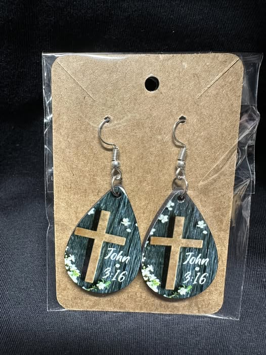 John 3:16 Cross Sublimated Teardrop Earrings