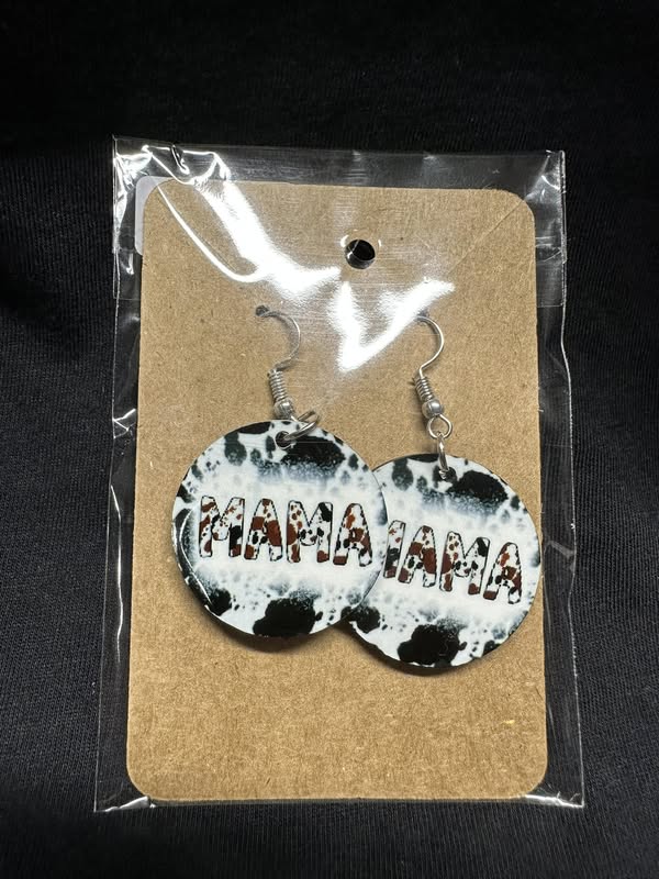 Cow Print MAMA Sublimated Round Earrings