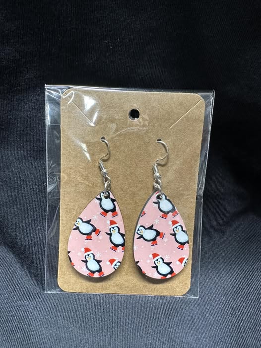 Festive Pink Penguin Sublimated Teardrop Earrings