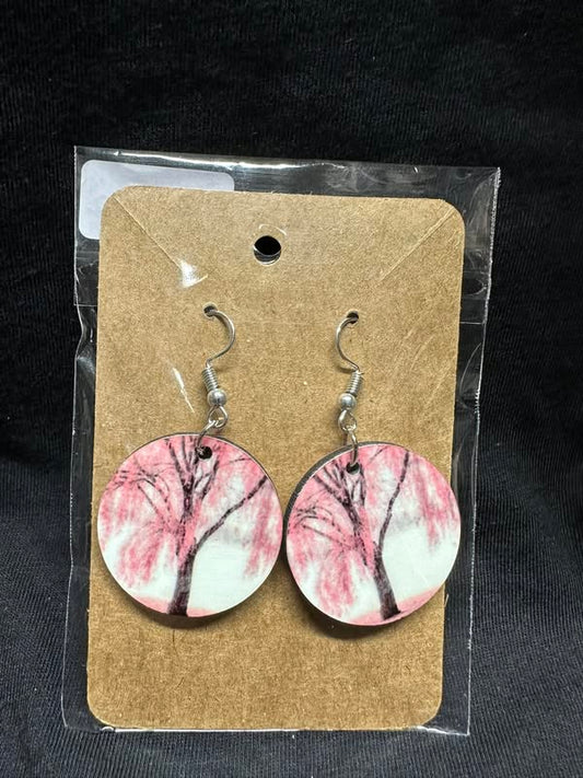 Pink Tree Art Sublimated Round Earrings