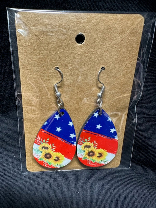 Patriotic Sunflower Sublimated Teardrop Earrings